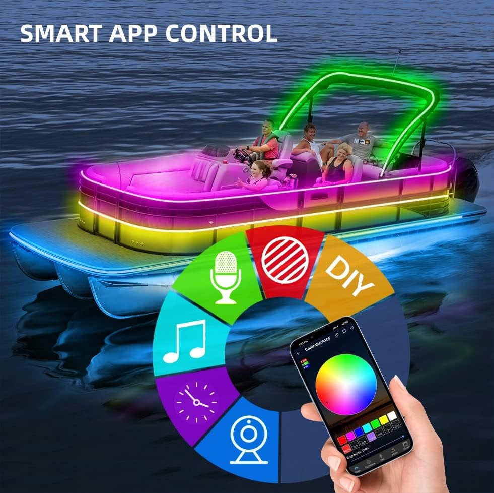 Illuminate Your Nights with 50FT Marine Submersible LED Strip Lights - Waterproof RGB Underwater Lights for Boats, Perfect for Night Fishing and Deck Ambiance with RF/APP Control
