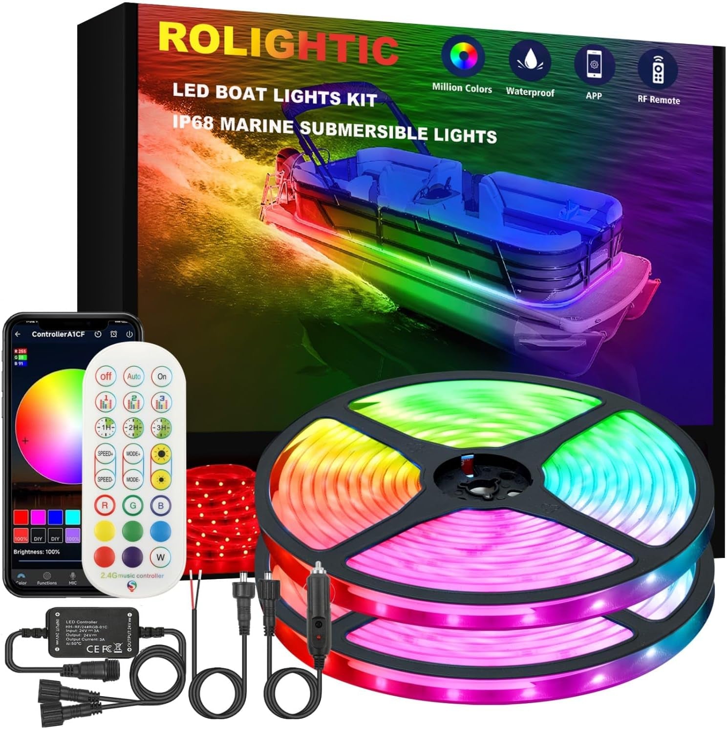 Illuminate Your Nights with 50FT Marine Submersible LED Strip Lights - Waterproof RGB Underwater Lights for Boats, Perfect for Night Fishing and Deck Ambiance with RF/APP Control