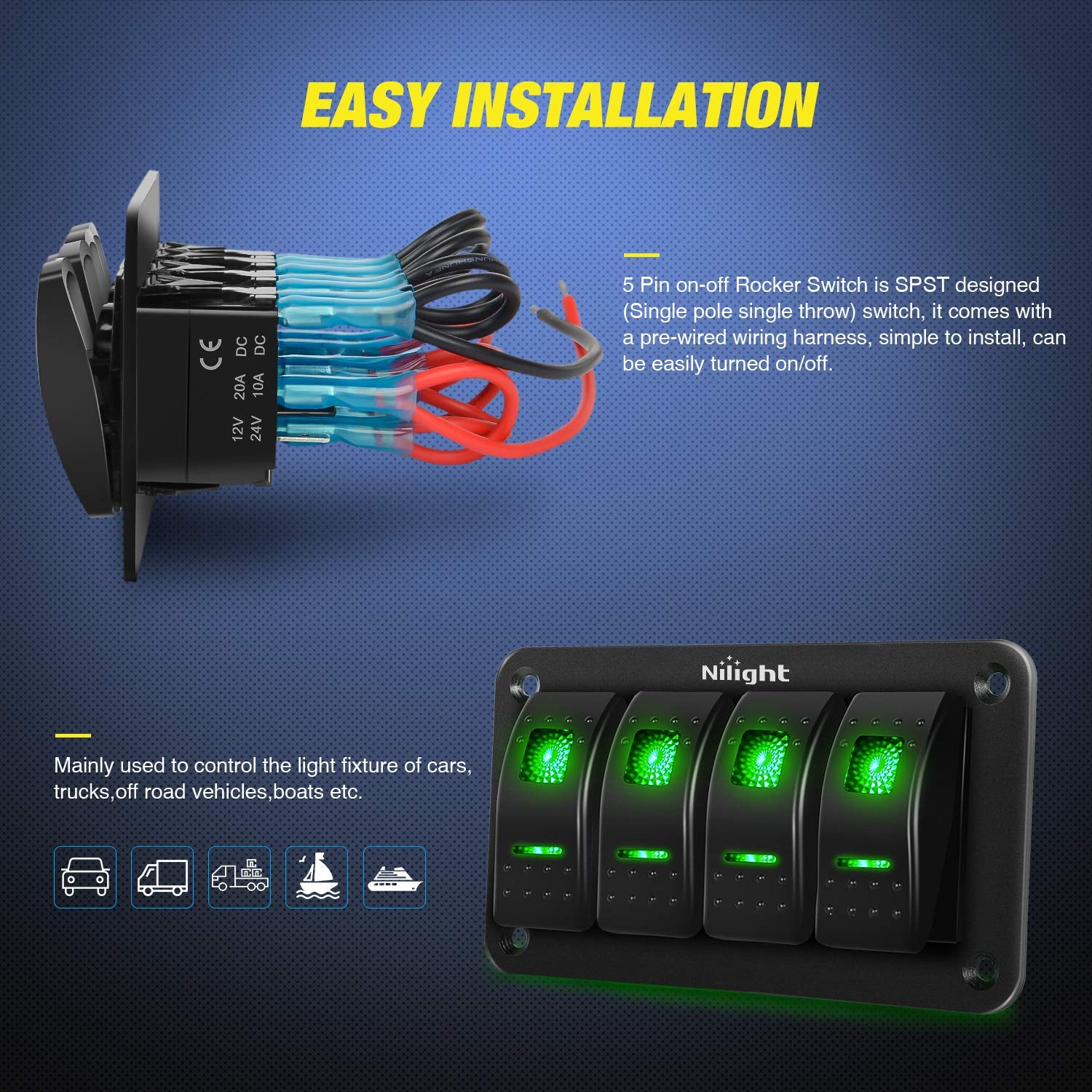 Upgrade Your Ride with the 4 Gang Rocker Switch Panel - Pre-Wired Aluminum Toggle Switches for 12V & 24V Automotive Applications with Green Backlighting