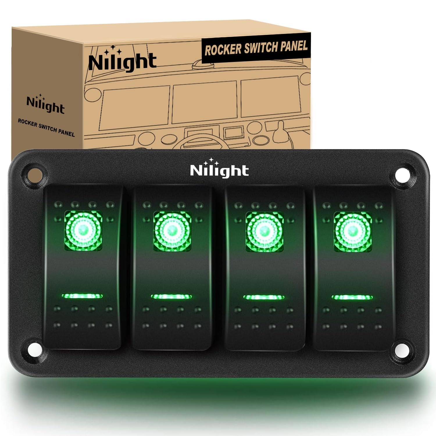 Upgrade Your Ride with the 4 Gang Rocker Switch Panel - Pre-Wired Aluminum Toggle Switches for 12V & 24V Automotive Applications with Green Backlighting